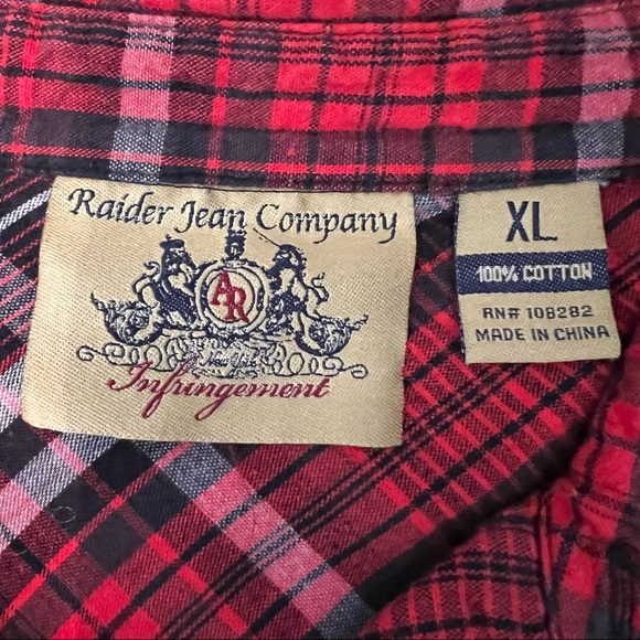 Raider Jean Company Red Plaid Long Sleeve Shirt XL - Picture 2 of 2